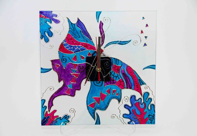 Wall clock - hand-painted glass with stained glass paints